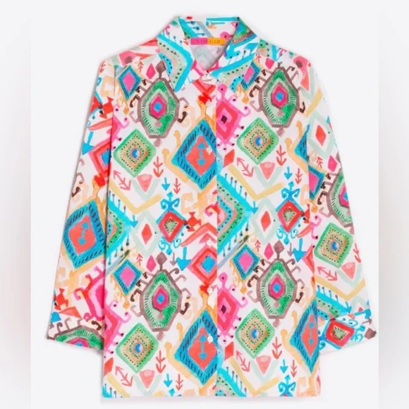 VILAGALLO POLINE IKAT MULTICOLOR Button Down Blouse NWT Size 42 - Picture 3 of 8